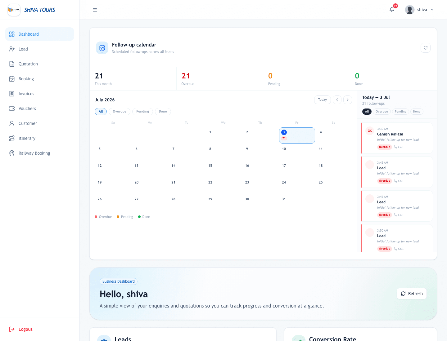 TripVeer agent dashboard with follow-up calendar and travel planning cards